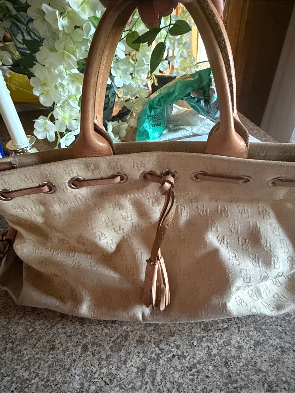 Dooney and Burke  Beige Canvas Tote with Leather Trim - Designer Logo Embossing